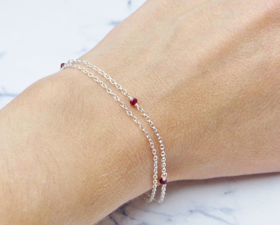 Dainty Ruby Layered Bracelet, Sterling Silver Minimalist July Birthstone Gift
