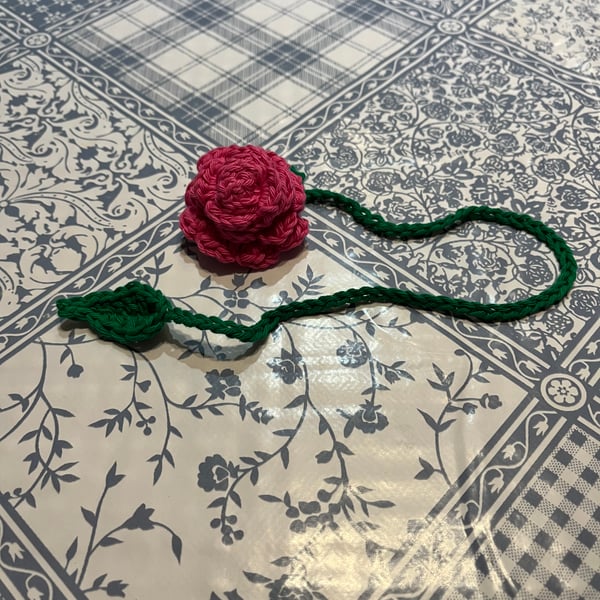 Crochet hot pink rose bookmark - long