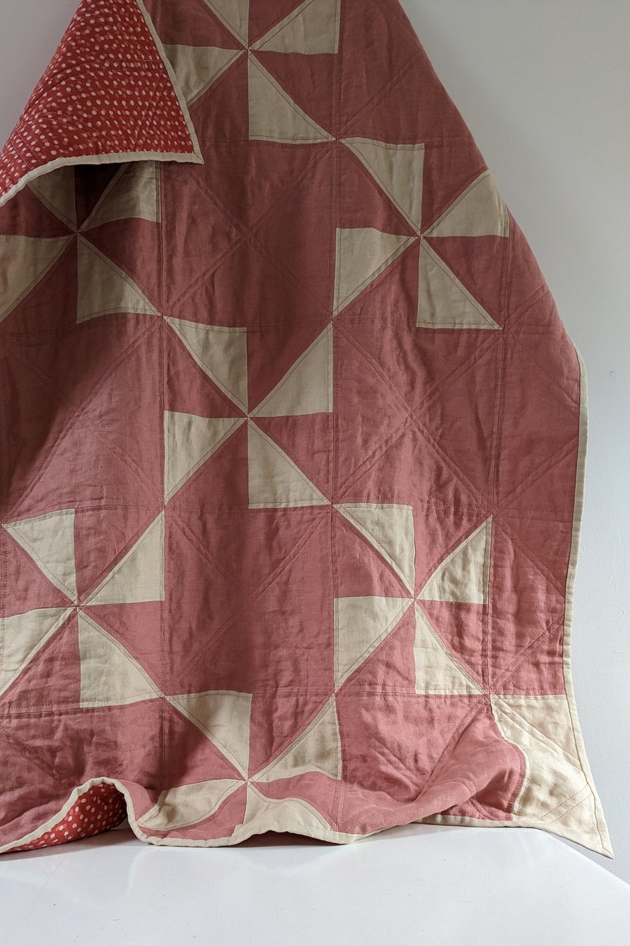 Dusty pink and beige linen patchwork quilt, 130cm x 100cm