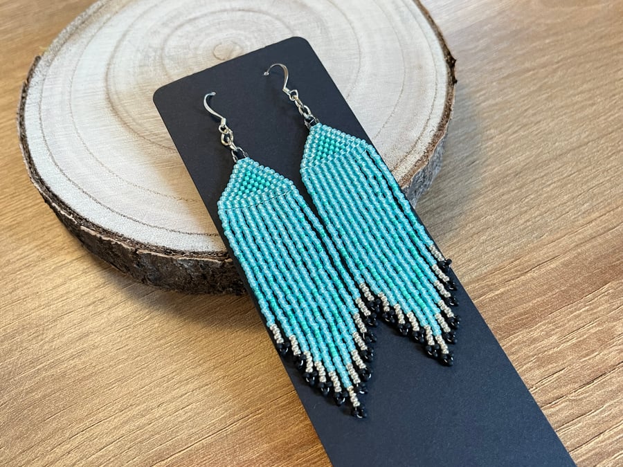 long aqua blue and mint beaded fringe earrings
