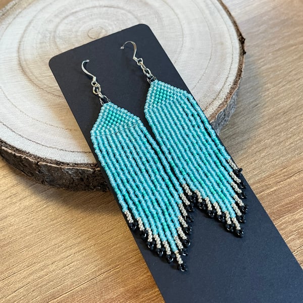 long aqua blue and mint beaded fringe earrings