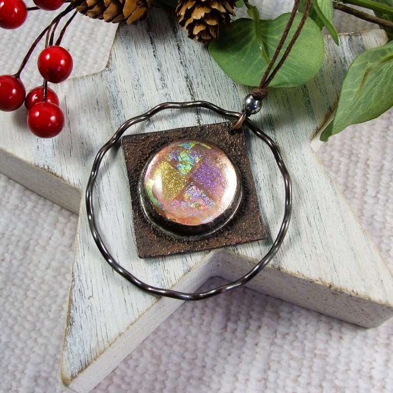 Hanging Decoration, Copper and Irridescent Squares Dichroic Glass
