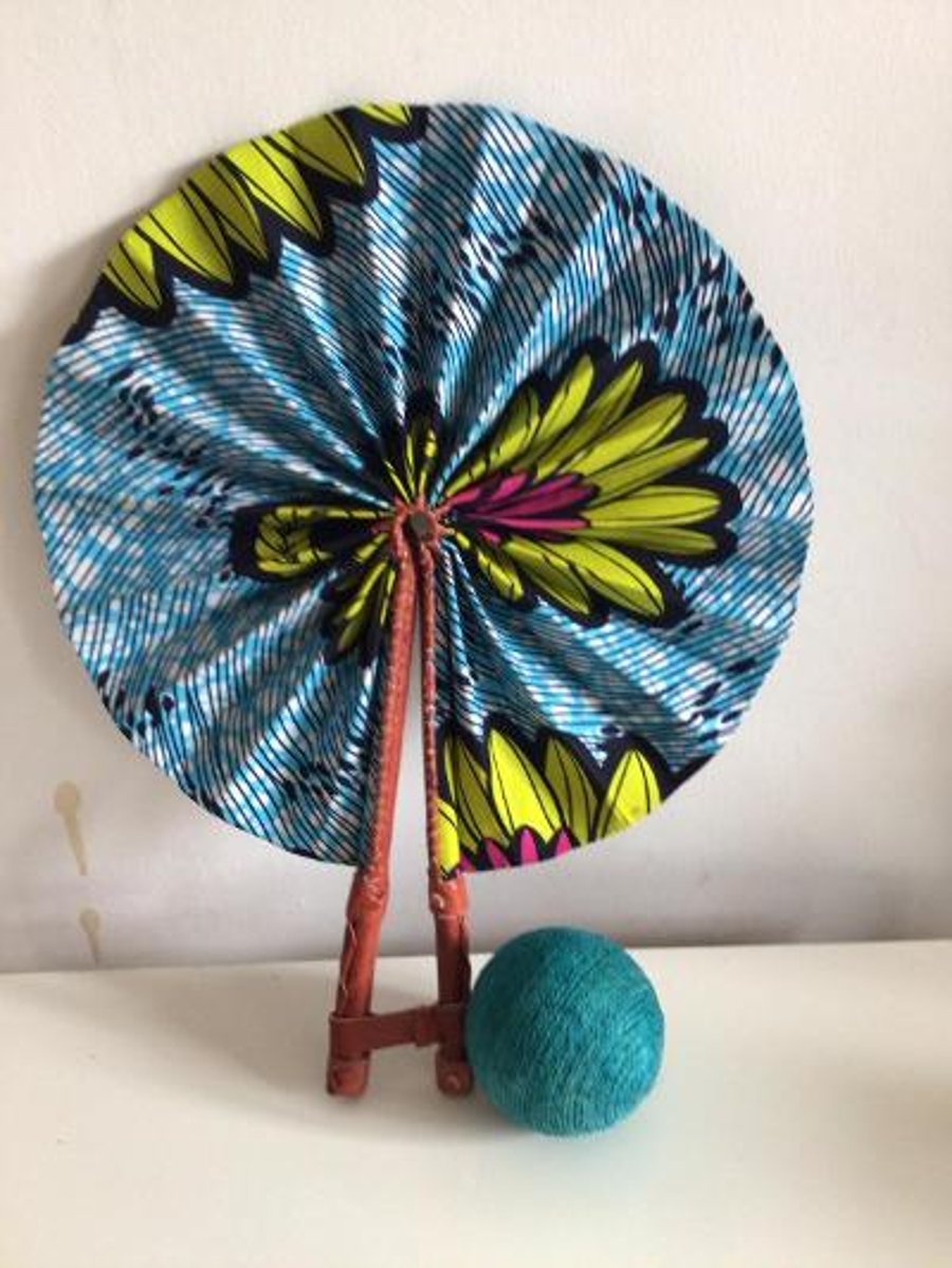 African Print Fan, Leather handle fan