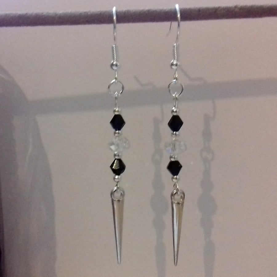 Black Clear Crystal Spike Silver Plate Dangle Earrings