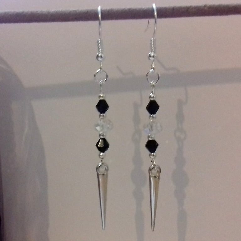 Black Clear Crystal Spike Silver Plate Dangle Earrings