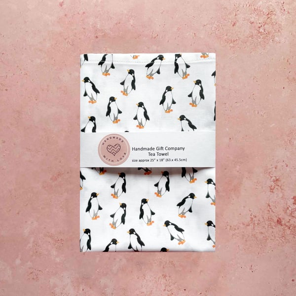 Fabric Handmade Pretty Cotton Tea Towel with a Penguin Design-Whit