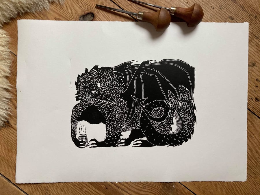 Original Welsh Dragon Linocut Print Art