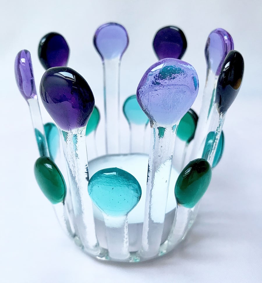 Aqua and Purple Fused Glass Candle Cage