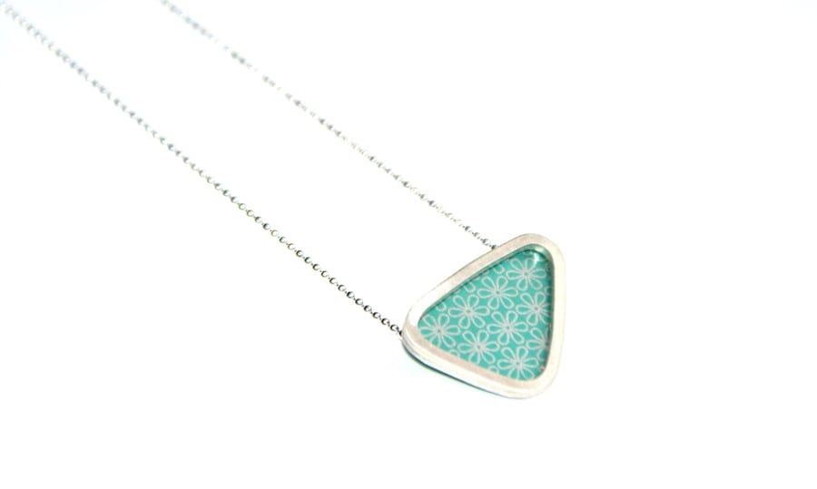 Silver and mint triangle necklace - flower pattern