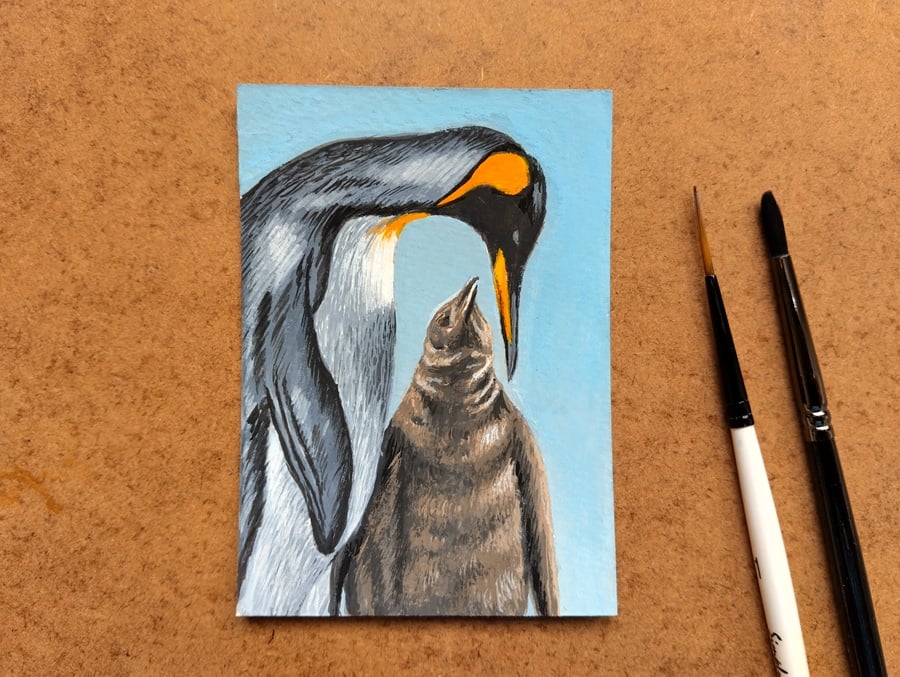 ACEO Original artwork of a Penguin and chick.