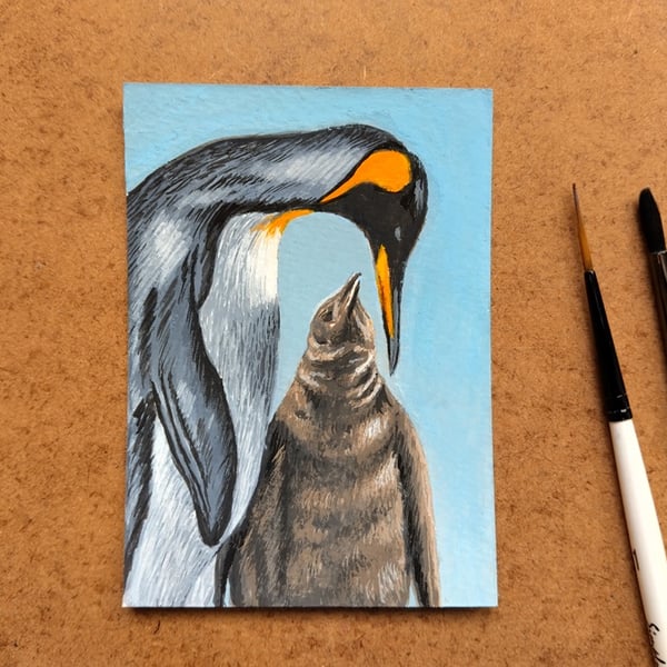 ACEO Original artwork of a Penguin and chick.