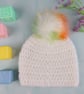White Crochet Newborn Baby Hat with Rainbow Faux Fur Pom, 0-3 Months - Image 5
