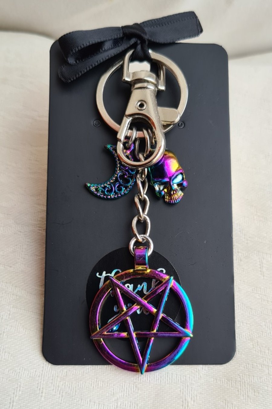 Dark Arts Inverted Pentacle Rainbow Key Ring - Bag Charm - Key Chain