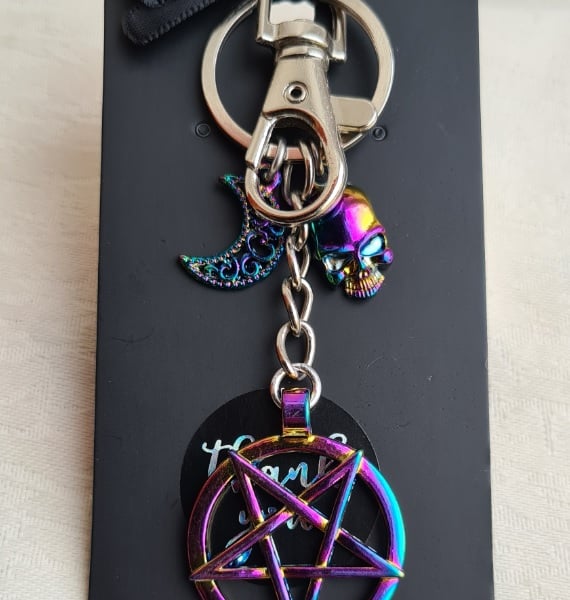 Dark Arts Inverted Pentacle Rainbow Key Ring - Bag Charm - Key Chain