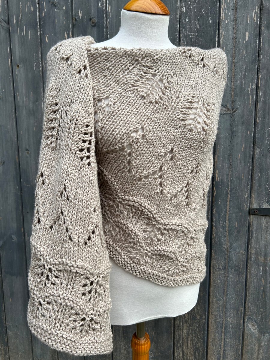 One Off Handknitted Crescent Lace Shawl Scarf Wrap in Taupe Wool Blend