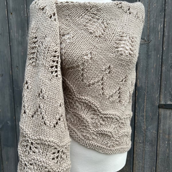 One Off Handknitted Crescent Lace Shawl Scarf Wrap in Taupe Wool Blend