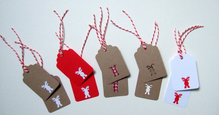 Christmas Rudolph Gift Tags 10pk, Handmade Xmas Message Tags 