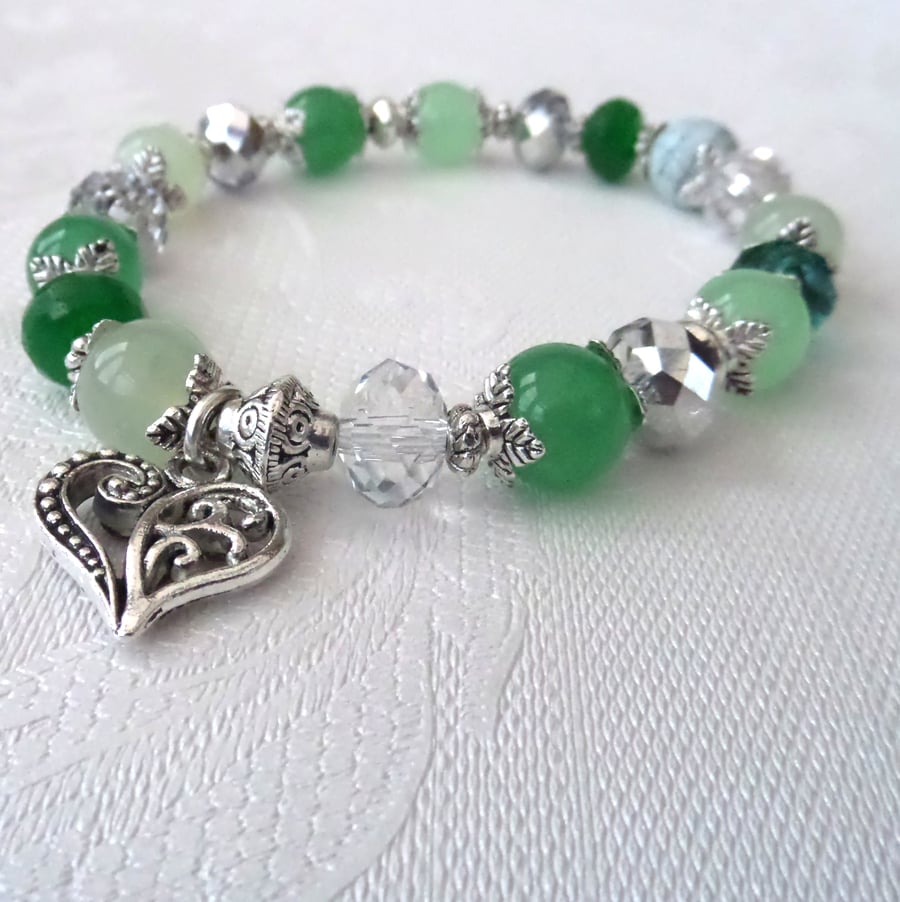 REDUCED TODAY ONLY: Handmade green gemstone & crystal bracelet, with heart charm