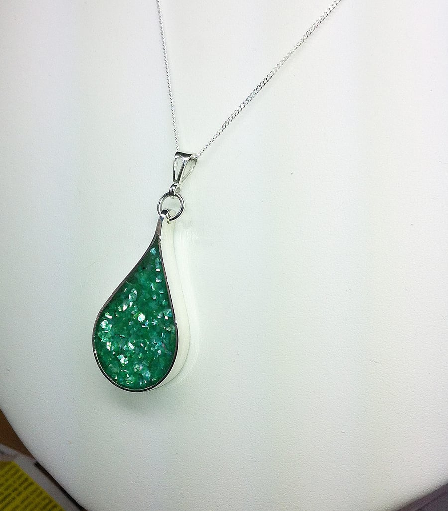 Sterling Silver Teardrop Pendant Necklace with Green Crushed Sea Shell