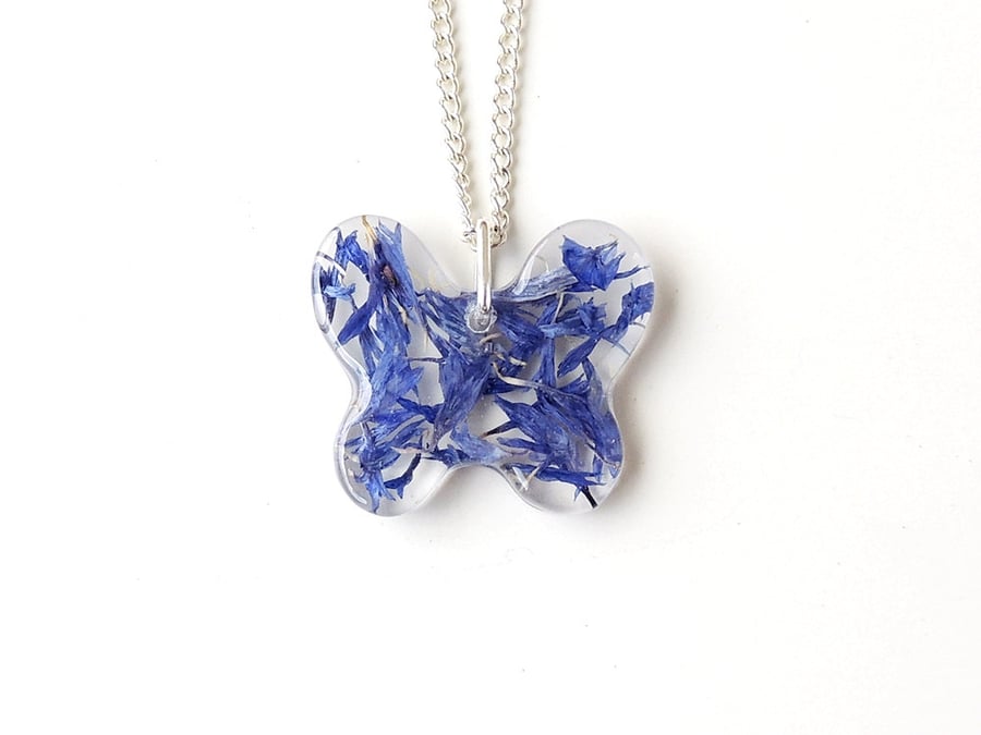 Blue Cornflower Butterfly Necklace - 2384