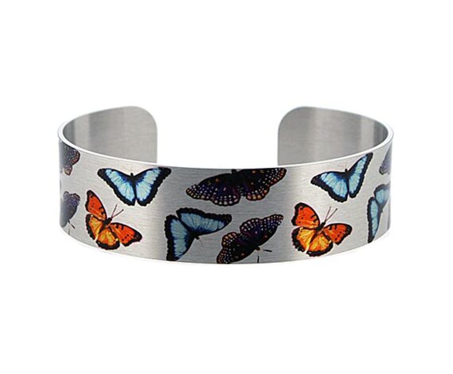 Narrow metal cuff bracelet in brushed silver with butterflies. B274
