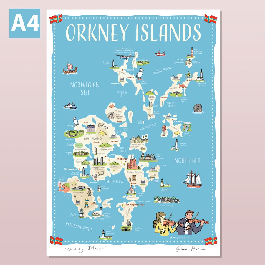 Orkney Islands illustrated map poster, A4 travel print, Scotland