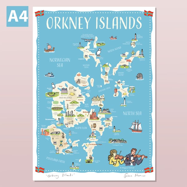 Orkney Islands illustrated map poster, A4 travel print, Scotland