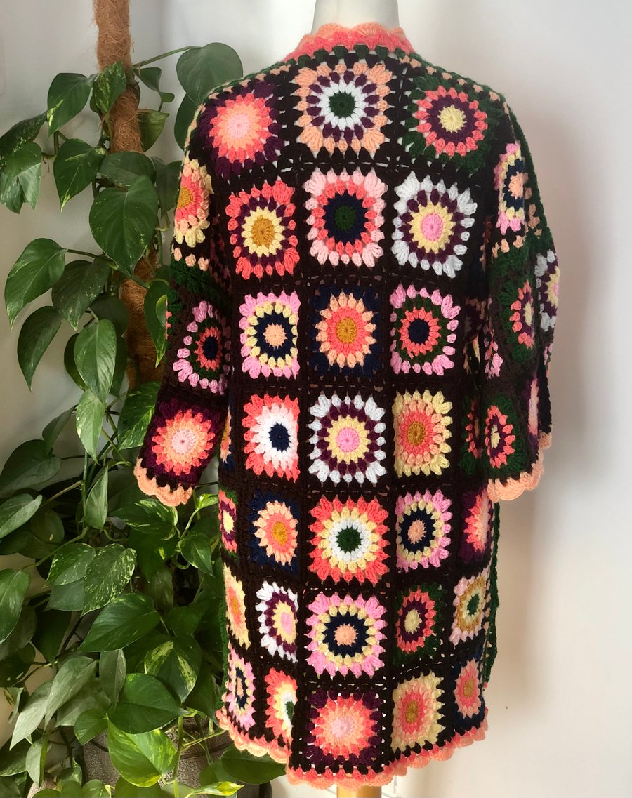 Ladies crochet granny square long cardigan. UK size 12. Comfort fit. Multicolou.