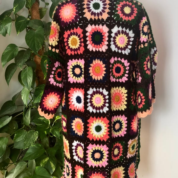 Ladies crochet granny square long cardigan. UK size 12. Comfort fit. Multicolou.