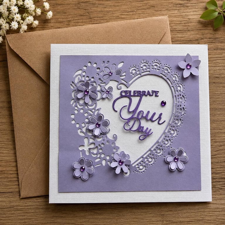 Handmade Floral Birthday Card 3D Lilac Flowers, Lace Heart Design, Gems