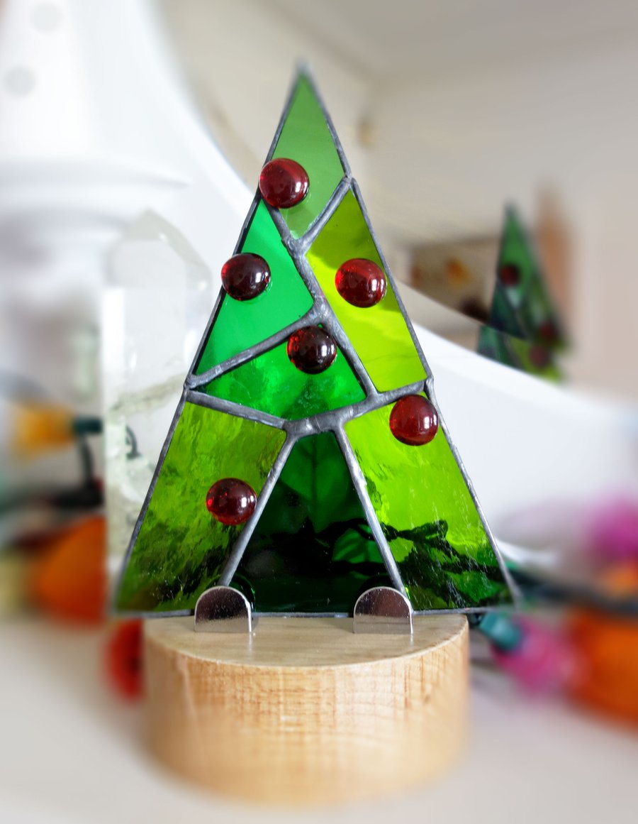 Abstract style  Stained Glass Festive Christmas Tree on solid wood plinth 