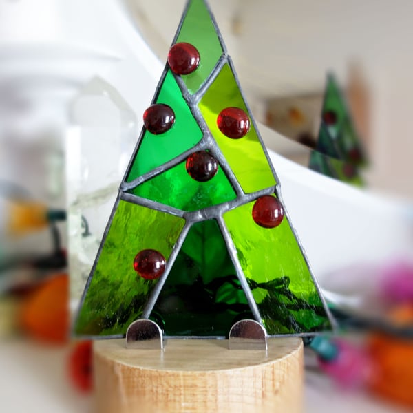 Abstract style  Stained Glass Festive Christmas Tree on solid wood plinth 