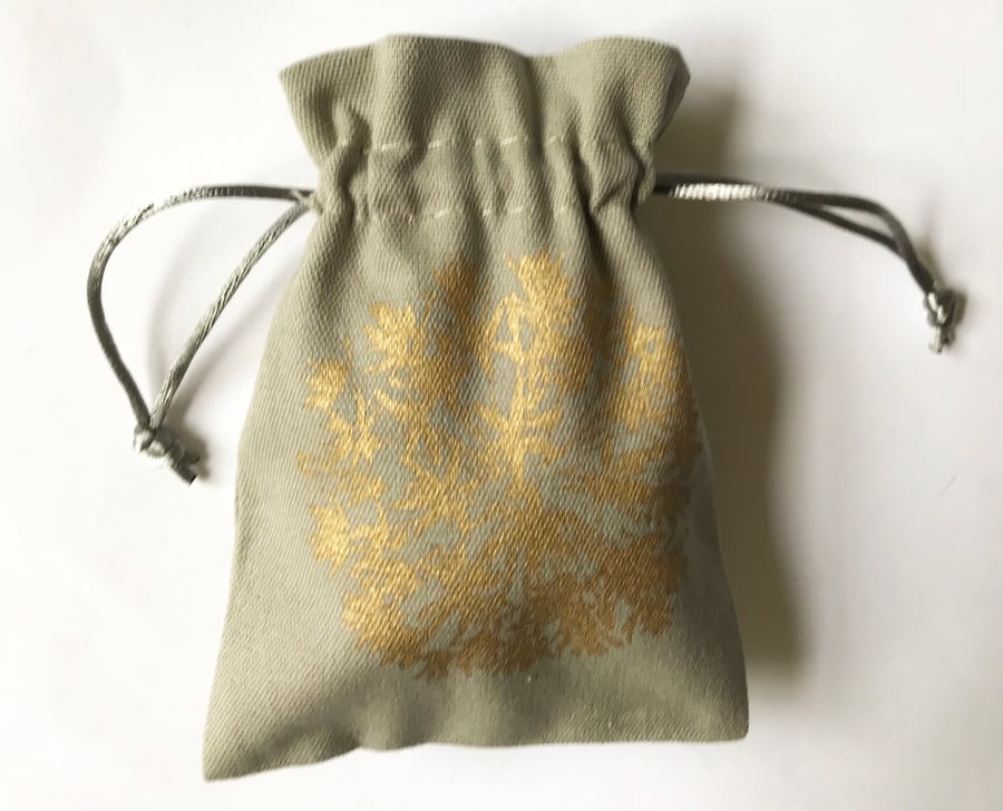 Gold floral drawstring fabric gift bag grey hand printed allium flower print