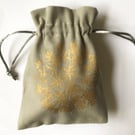 Gold floral drawstring fabric gift bag grey hand printed allium flower print
