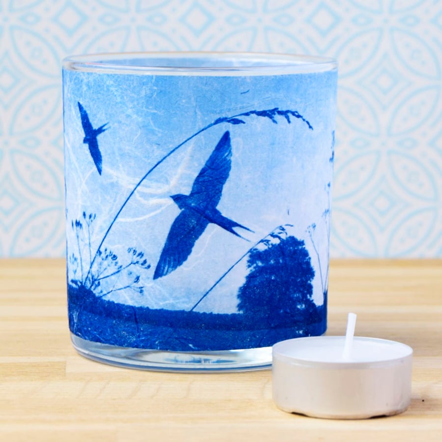 Swallows Return Cyanotype Translucent Blue Tea light holder Seconds Sunday