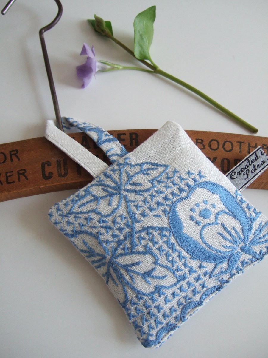   Lavender bag in blue vintage floral embroidery, with dried Yorkshire lavender.