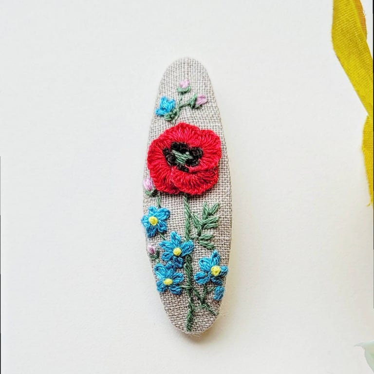 poppy flower hair clip, forget me not, gift for girls, hand embroidered, Unique 