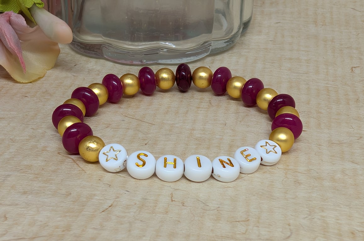 "shine" stretch bracelet with gold hematite and pink chalcedony 