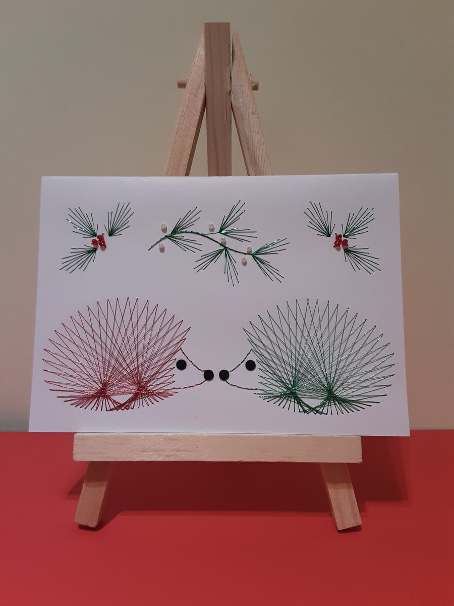 Christmas Hedgehogs. Hand Embroidered. Christmas Card.