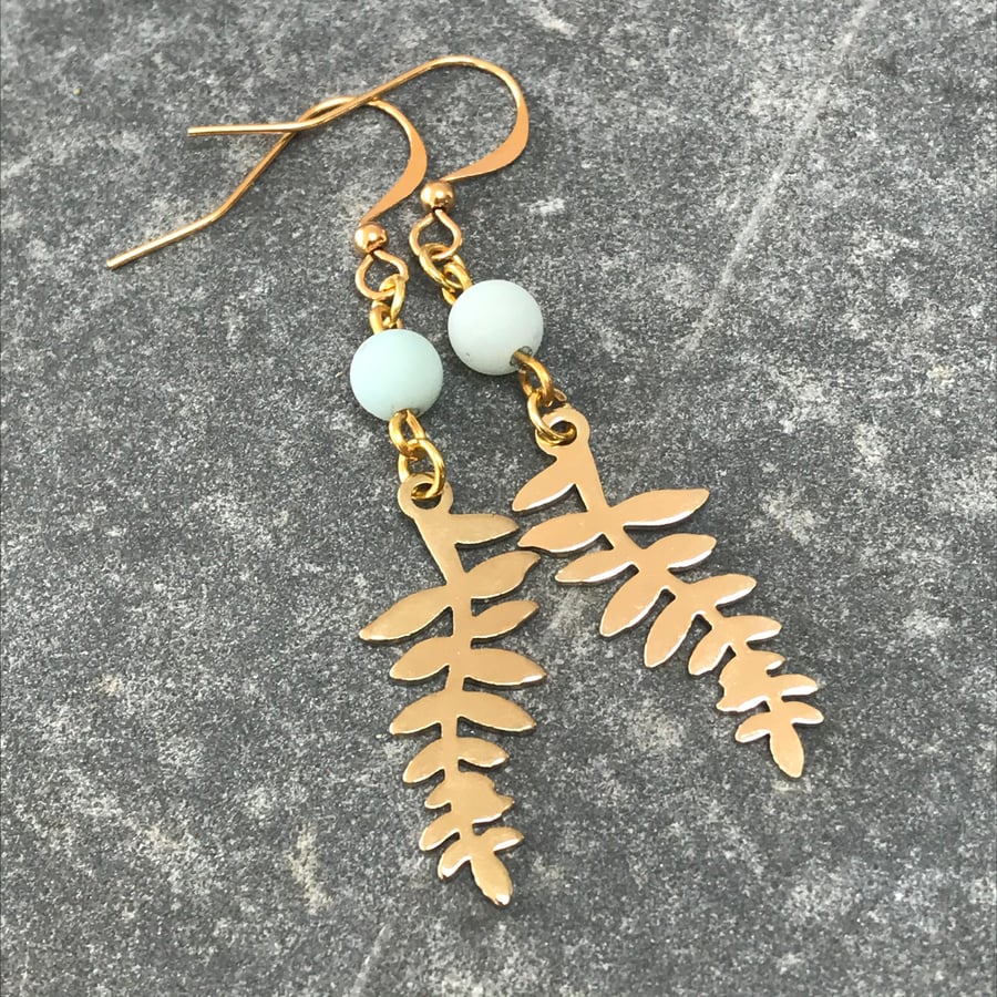 Leaf dangle earrings with frosted amazonite gemstone beads, gift for her, boho 