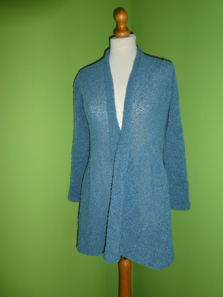  Cardigan in Denim Blue Boucle Yarn. Womens approx size 12-14. Flare Top