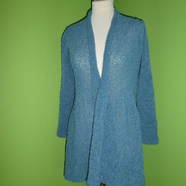  Cardigan in Denim Blue Boucle Yarn. Womens approx size 12-14. Flare Top