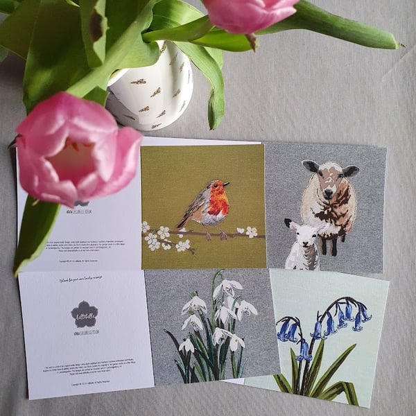 Set of 4 Spring blank greetings cards, lamb, snowdrops, bluebells, blossom