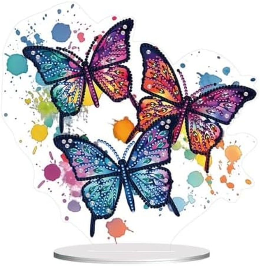5D DIY Rainbow Paint Splatter Butterfly Trio Diamond Painting Kit Crystal Embroi