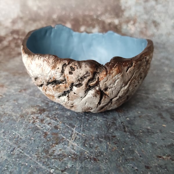 Silver Birch Bark Bowl, Rustic Clay Offering Bowl, Wabi Sabi Style