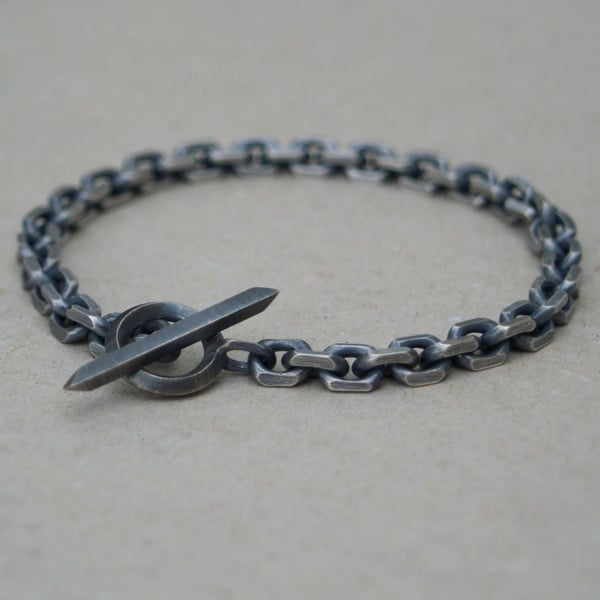 Oxidised or polished sterling silver T bar diamond cut trace chain bracelet