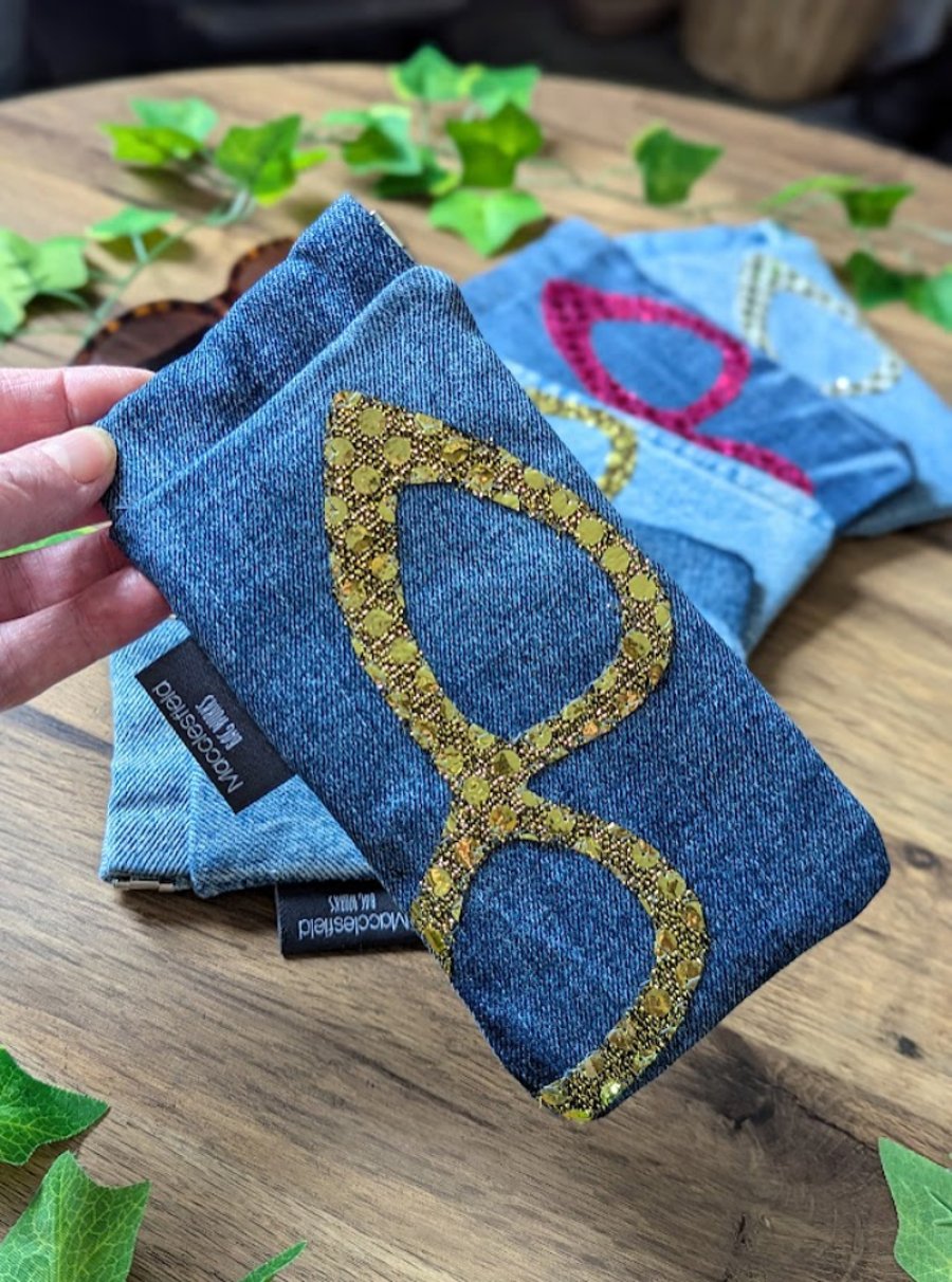 Recycled Denim Retro Style Sunglasses or Glasses Case with Faux Sequin Motif