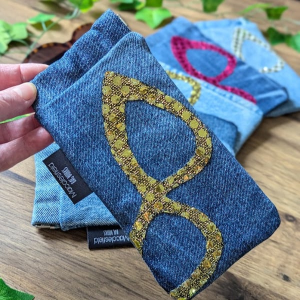 Recycled Denim Retro Style Sunglasses or Glasses Case with Faux Sequin Motif
