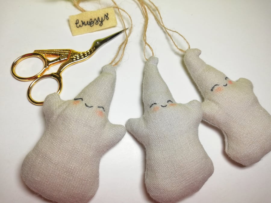 Ghosts, Cute Upcycled Linen Hanging Decorations. Set of Three