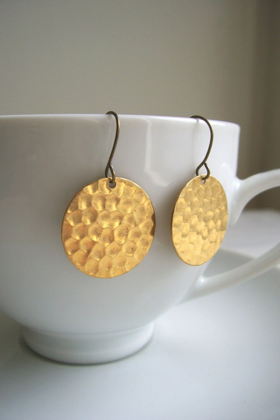Gold Hammered Disc earrings - Golden Sun - raw brass - textured circles 